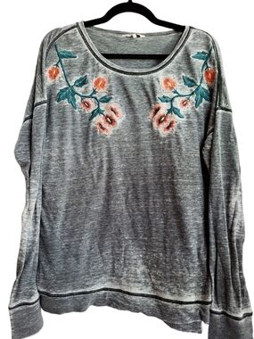 Lucky Brand Grey Pullover with Pink Floral Embroidery Sz Large Feminine Burnout
